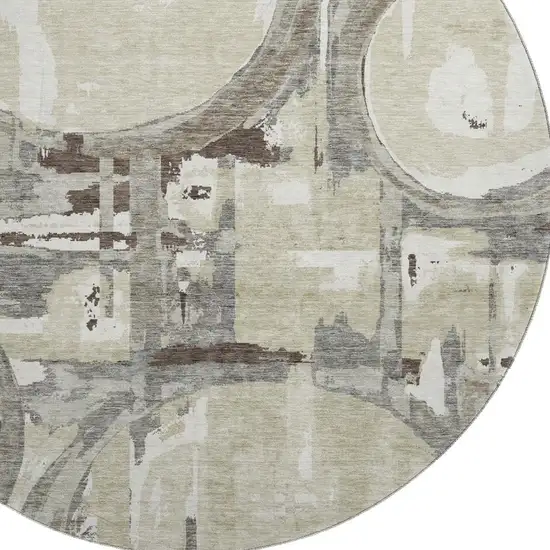 8' Tan Beige And Gray Geometric Washable Round Rug With UV Protection Photo 3