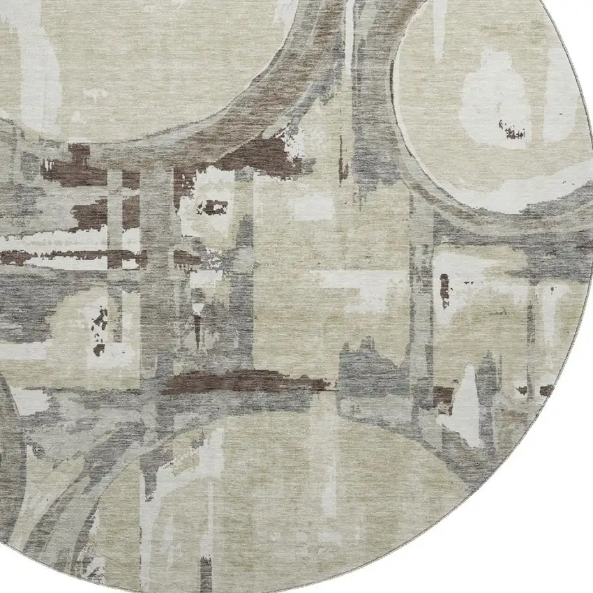 8' Tan Beige And Gray Geometric Washable Round Rug With UV Protection Photo 3