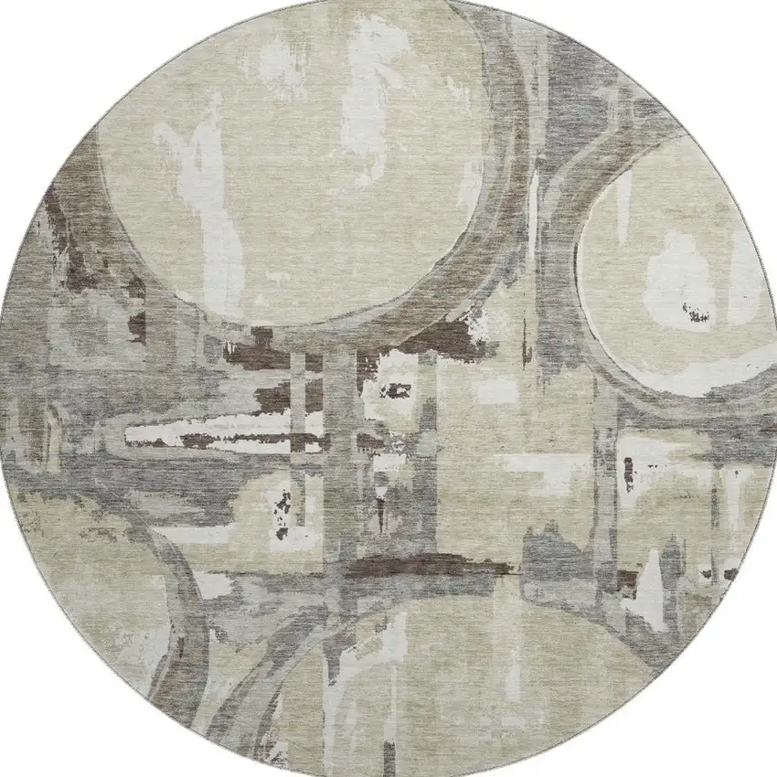 8' Tan Beige And Gray Geometric Washable Round Rug With UV Protection Photo 4