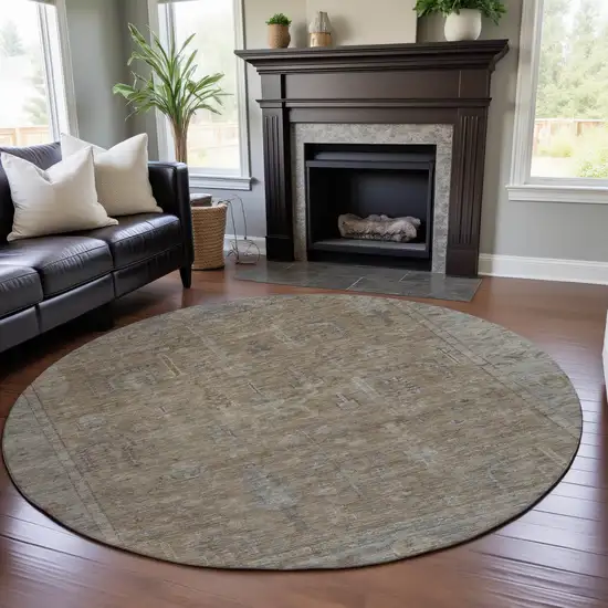 8' Tan Beige And Gray Oriental Washable Round Rug With UV Protection Photo 4