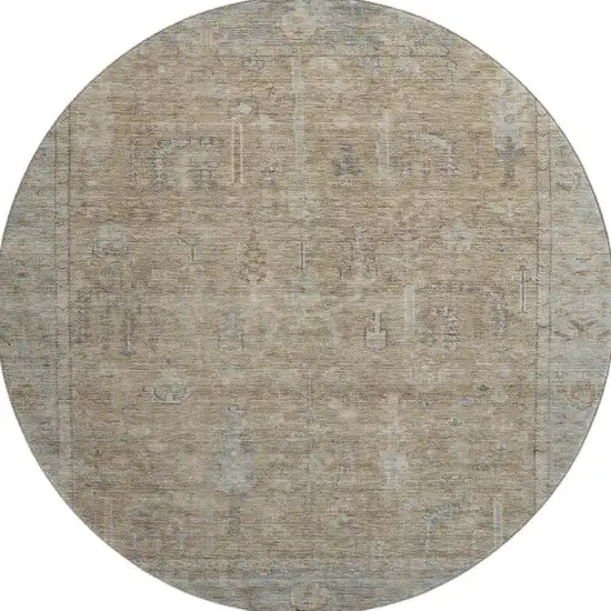 8' Tan Beige And Gray Oriental Washable Round Rug With UV Protection Photo 3