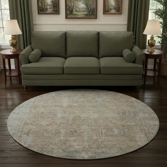 8' Tan Beige And Gray Oriental Washable Round Rug With UV Protection Photo 2