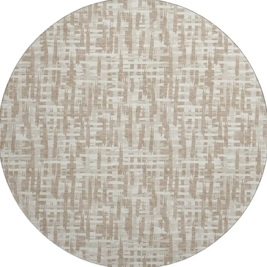 8' Tan Beige And Ivory Abstract Geometric Washable Round Rug With UV Protection Photo 3