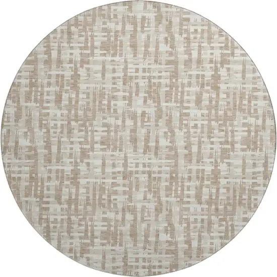 8' Tan Beige And Ivory Abstract Geometric Washable Round Rug With UV Protection Photo 1