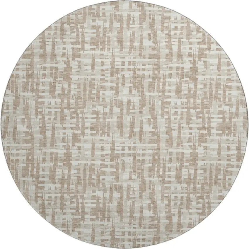 8' Tan Beige And Ivory Abstract Geometric Washable Round Rug With UV Protection Photo 1