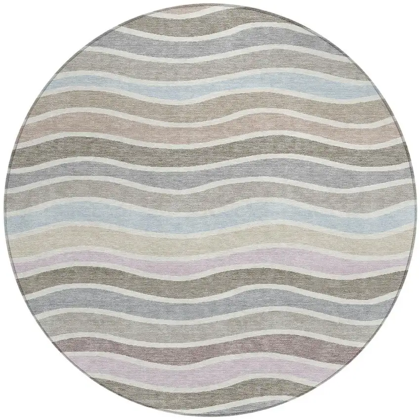 8' Tan Beige And Ivory Round Striped Washable Indoor Outdoor Area Rug Photo 4