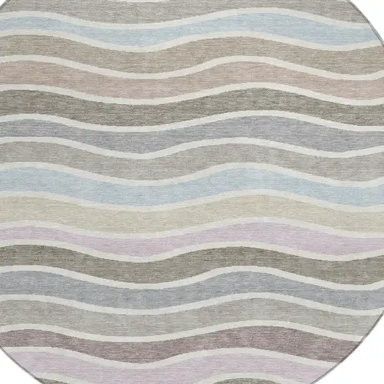 8' Tan Beige And Ivory Round Striped Washable Indoor Outdoor Area Rug Photo 7