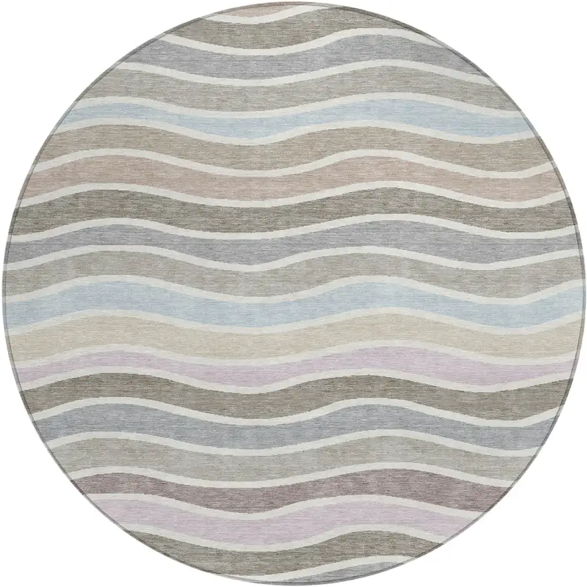 8' Tan Beige And Ivory Round Striped Washable Indoor Outdoor Area Rug Photo 2