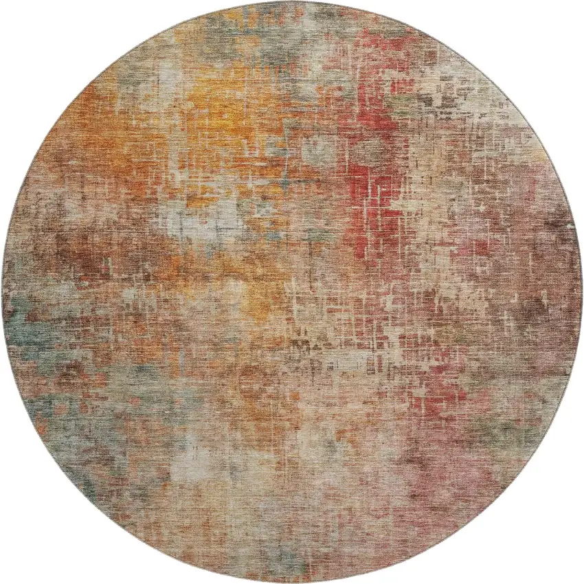 8' Tan Beige And Red Abstract Washable Round Rug With UV Protection Photo 1