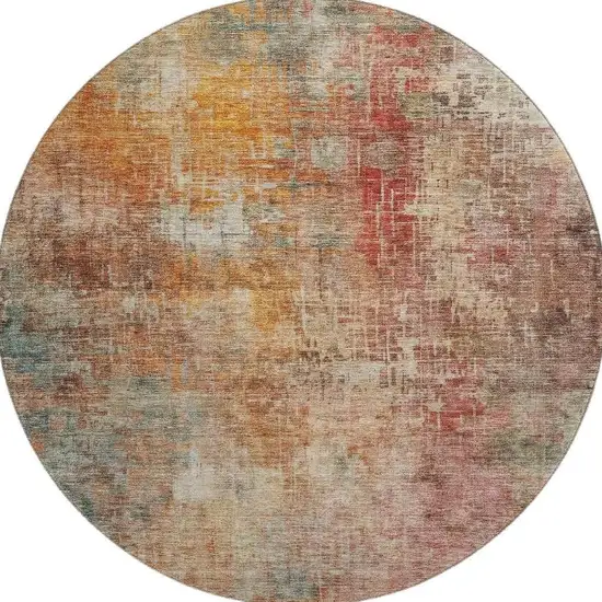 8' Tan Beige And Red Abstract Washable Round Rug With UV Protection Photo 3