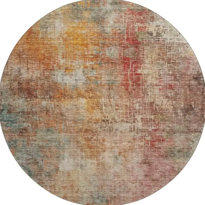 8' Tan Beige And Red Abstract Washable Round Rug With UV Protection Photo 3