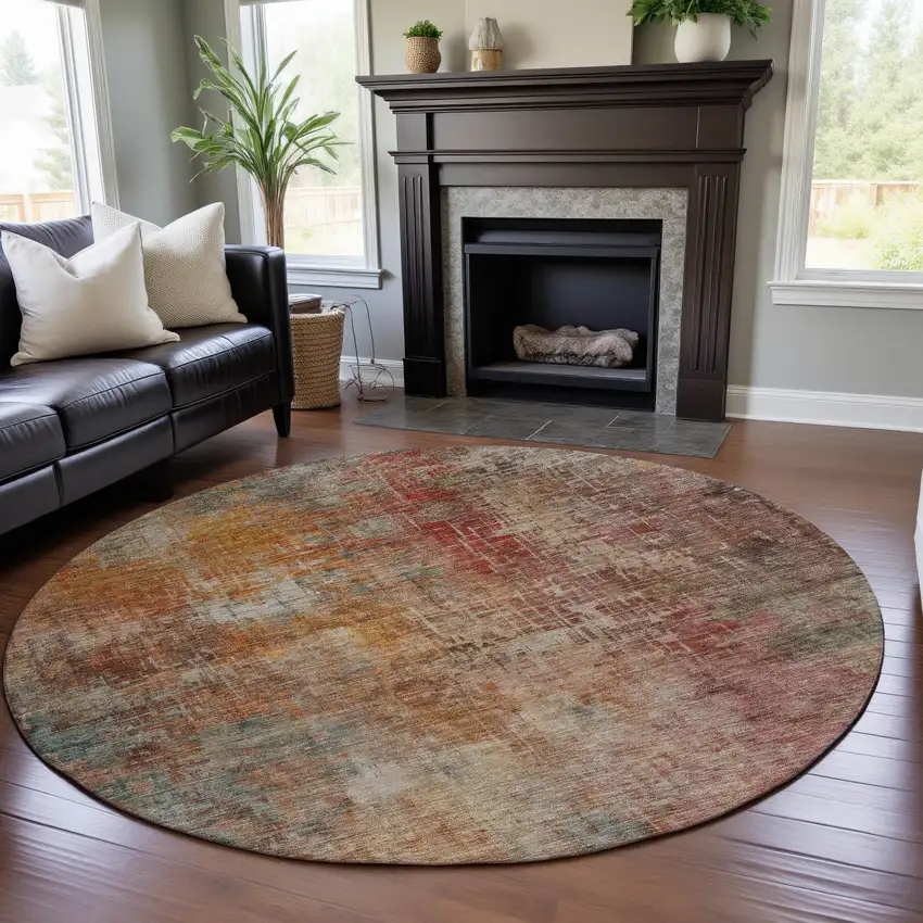 8' Tan Beige And Red Abstract Washable Round Rug With UV Protection Photo 4