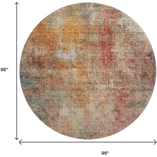 8' Tan Beige And Red Abstract Washable Round Rug With UV Protection Photo 9
