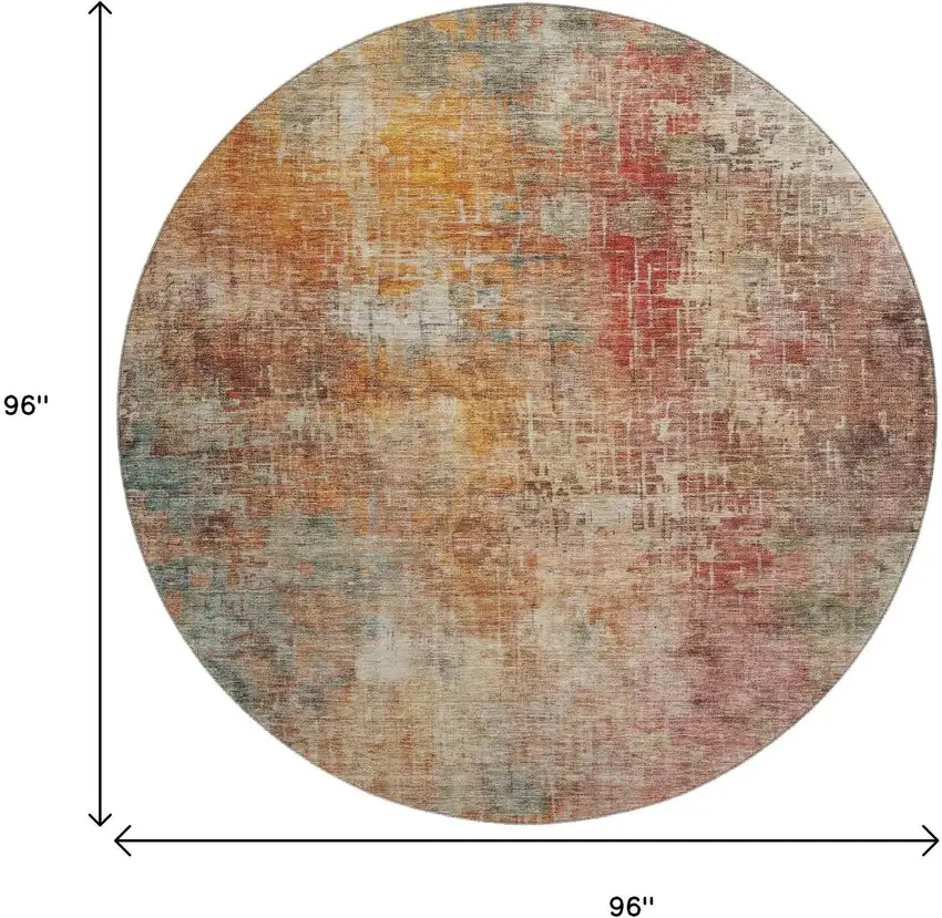 8' Tan Beige And Red Abstract Washable Round Rug With UV Protection Photo 9