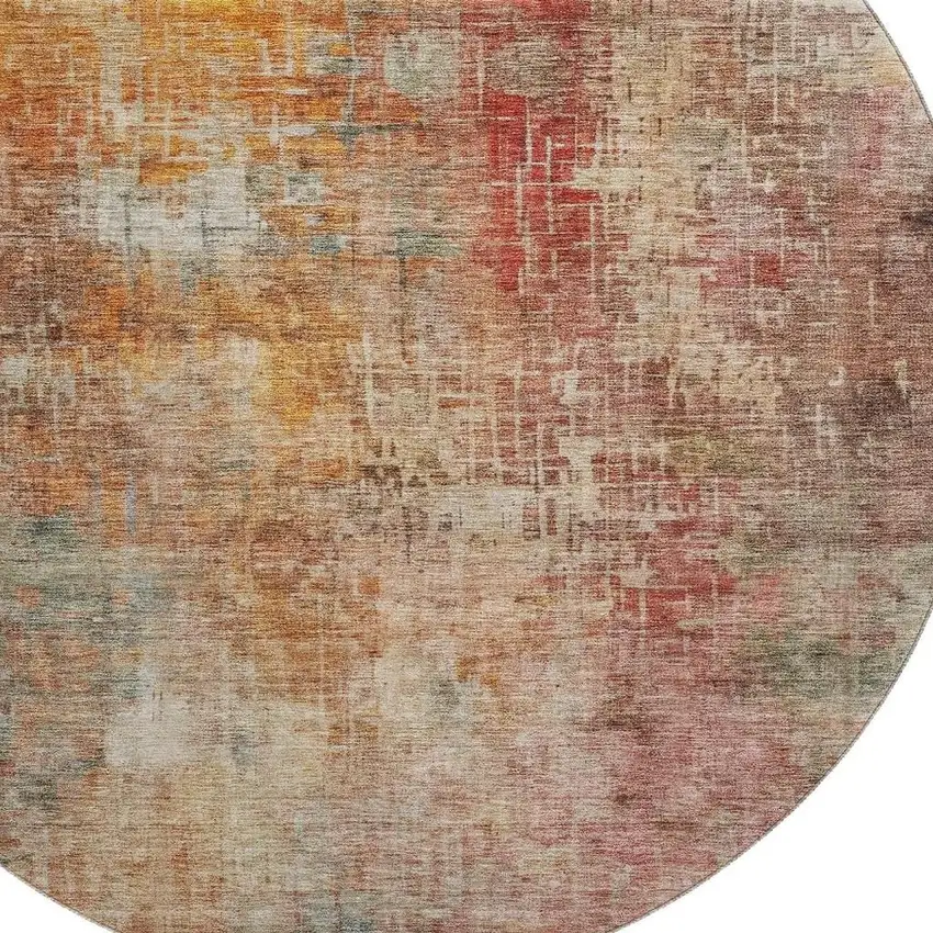 8' Tan Beige And Red Abstract Washable Round Rug With UV Protection Photo 2