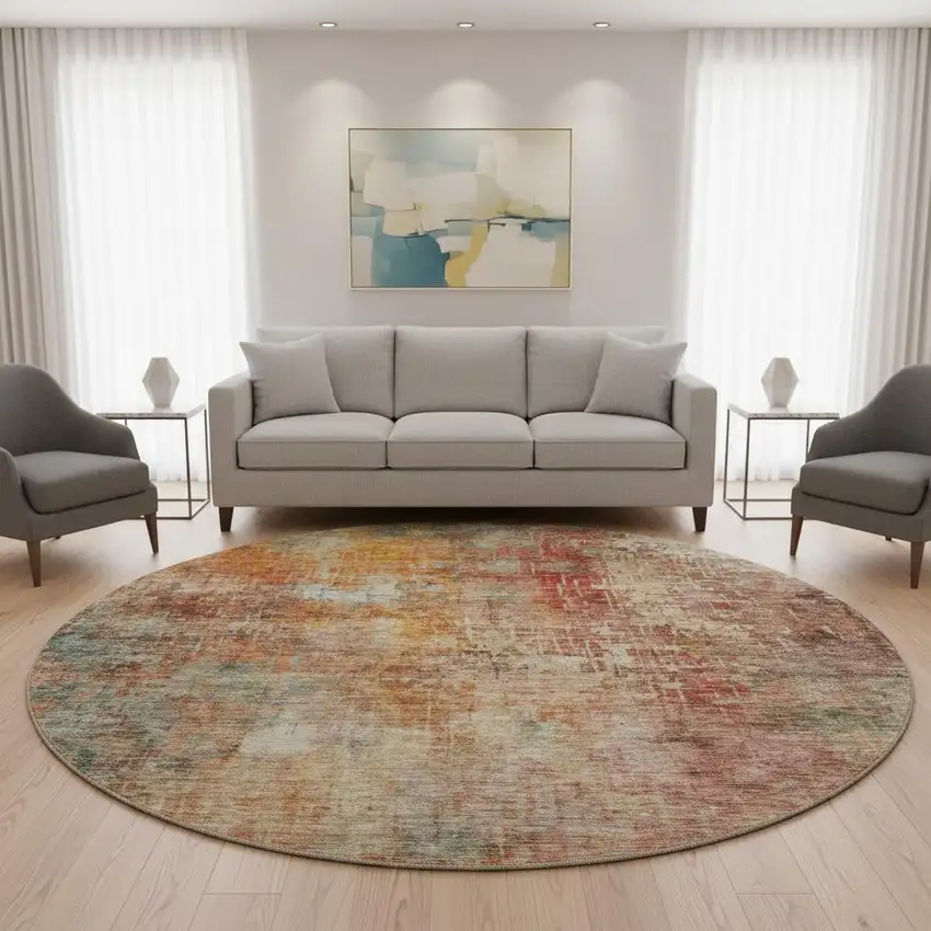 8' Tan Beige And Red Abstract Washable Round Rug With UV Protection Photo 2