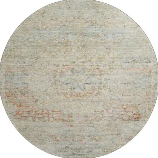 8' Tan Beige And Teal Floral Medallion Washable Round Rug With UV Protection Photo 3
