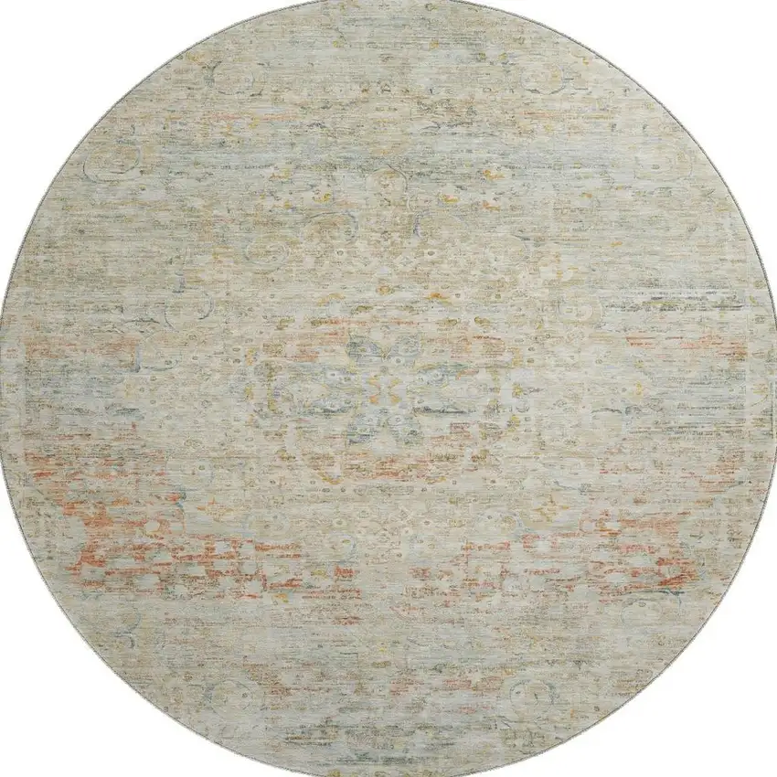 8' Tan Beige And Teal Floral Medallion Washable Round Rug With UV Protection Photo 3