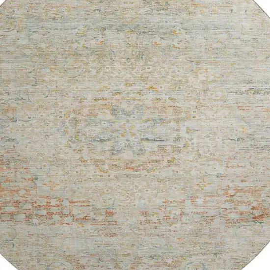 8' Tan Beige And Teal Floral Medallion Washable Round Rug With UV Protection Photo 3