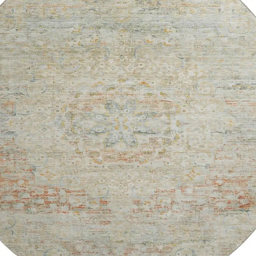 8' Tan Beige And Teal Floral Medallion Washable Round Rug With UV Protection Photo 3