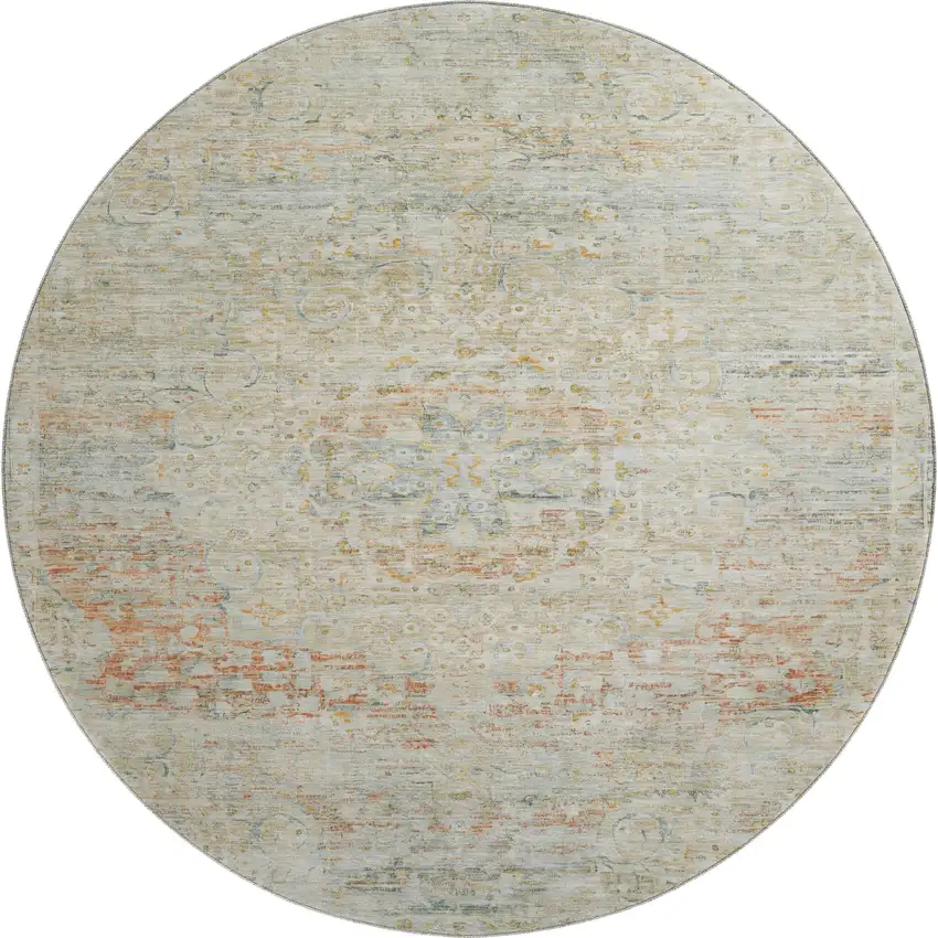 8' Tan Beige And Teal Floral Medallion Washable Round Rug With UV Protection Photo 1