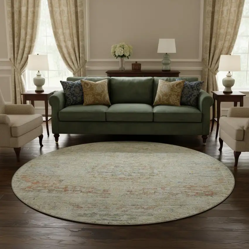 8' Tan Beige And Teal Floral Medallion Washable Round Rug With UV Protection Photo 2