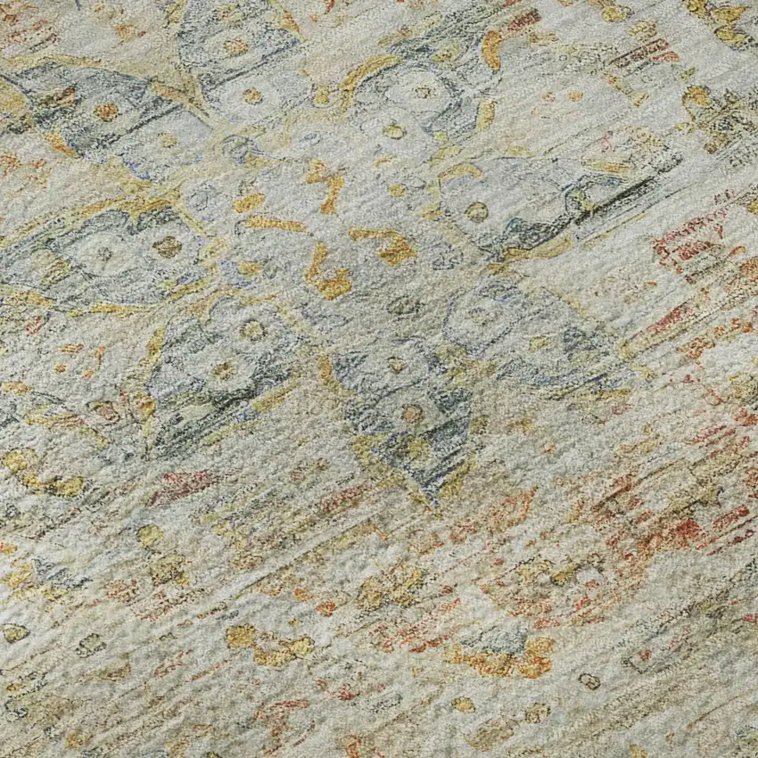 8' Tan Beige And Teal Floral Medallion Washable Round Rug With UV Protection Photo 8