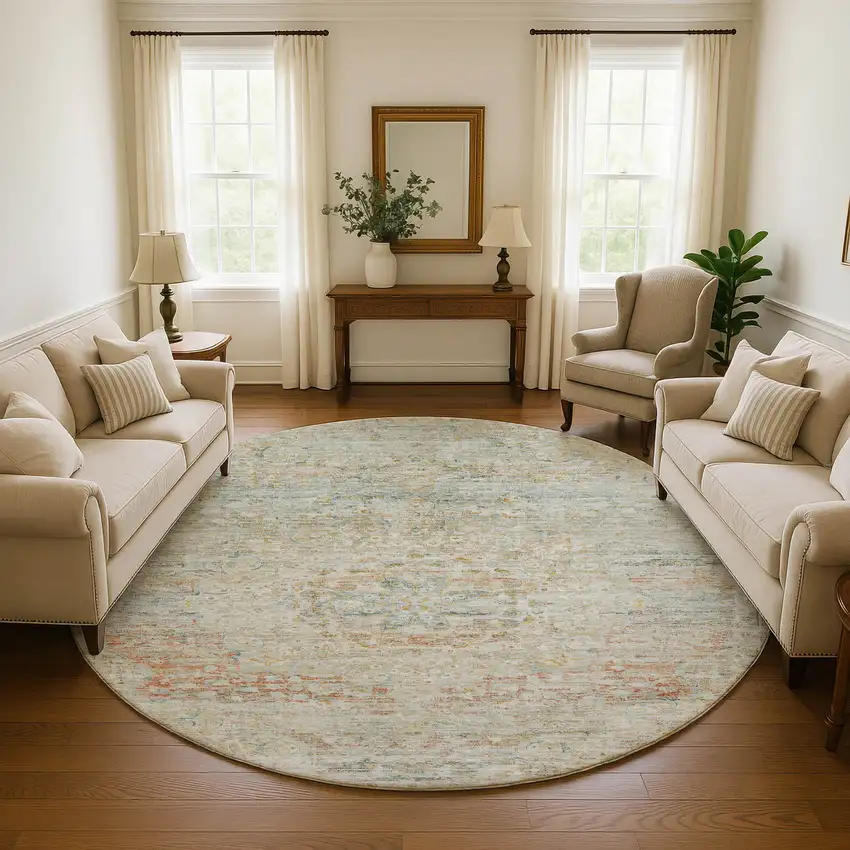8' Tan Beige And Teal Floral Medallion Washable Round Rug With UV Protection Photo 4