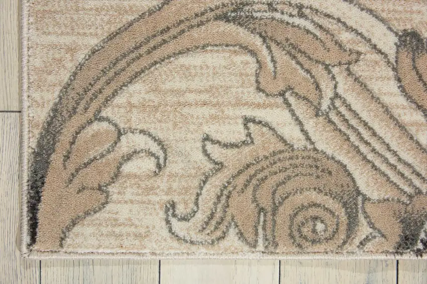 8' Tan Black and Ivory Damask Non Skid Runner Rug Photo 7