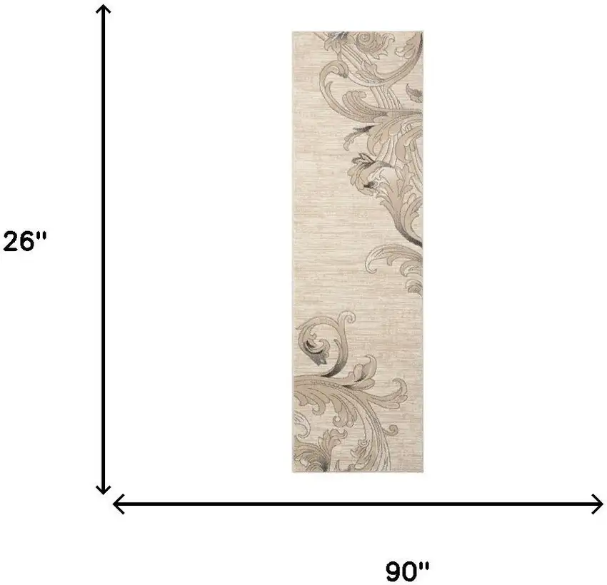 8' Tan Black and Ivory Damask Non Skid Runner Rug Photo 3