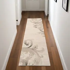 Photo of 8' Tan Black and Ivory Damask Non Skid Runner Rug