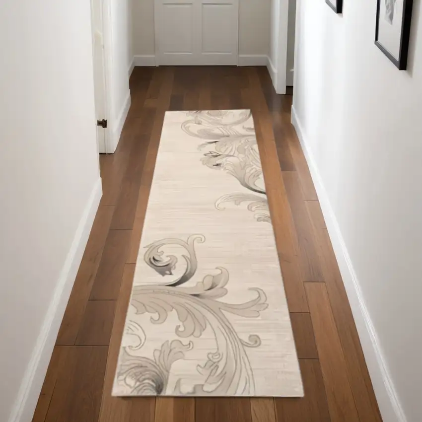 8' Tan Black and Ivory Damask Non Skid Runner Rug Photo 1