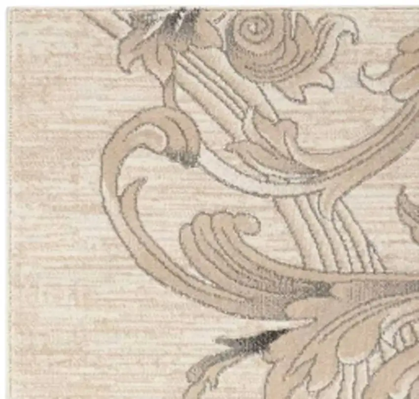 8' Tan Black and Ivory Damask Non Skid Runner Rug Photo 4