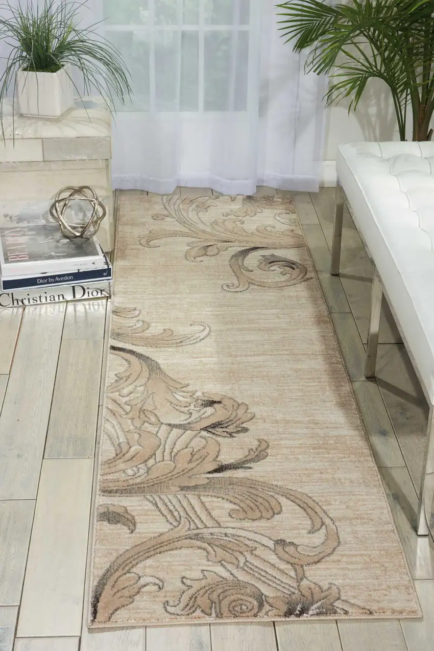 8' Tan Black and Ivory Damask Non Skid Runner Rug Photo 4