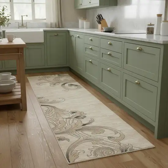 8' Tan Black and Ivory Damask Non Skid Runner Rug Photo 1