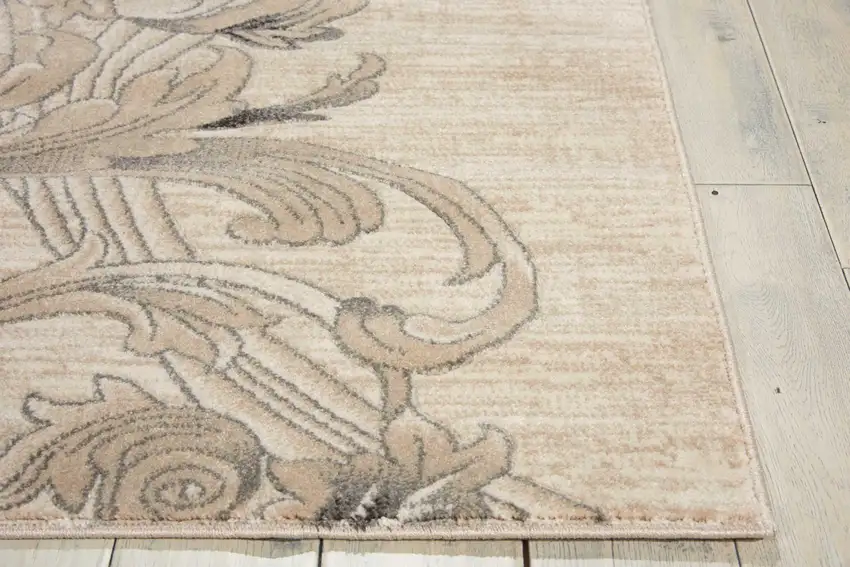 8' Tan Black and Ivory Damask Non Skid Runner Rug Photo 6