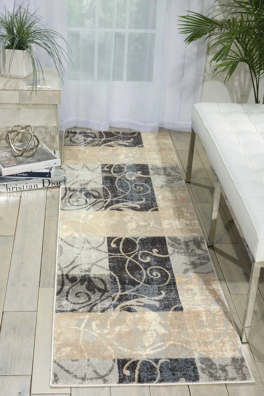 8' Tan Black and Ivory Floral Vines Non Skid Runner Rug Photo 7