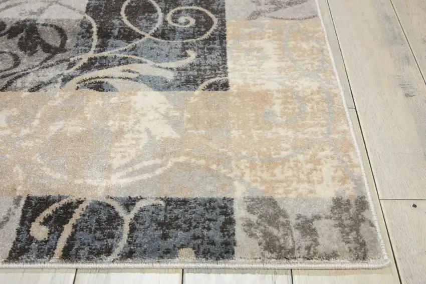 8' Tan Black and Ivory Floral Vines Non Skid Runner Rug Photo 6