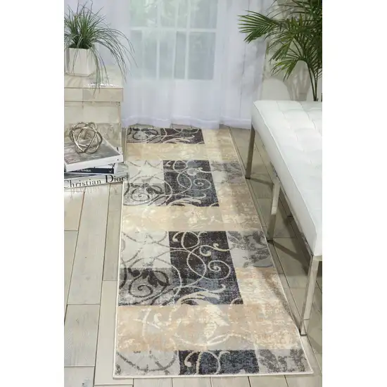 8' Tan Black and Ivory Floral Vines Non Skid Runner Rug Photo 4