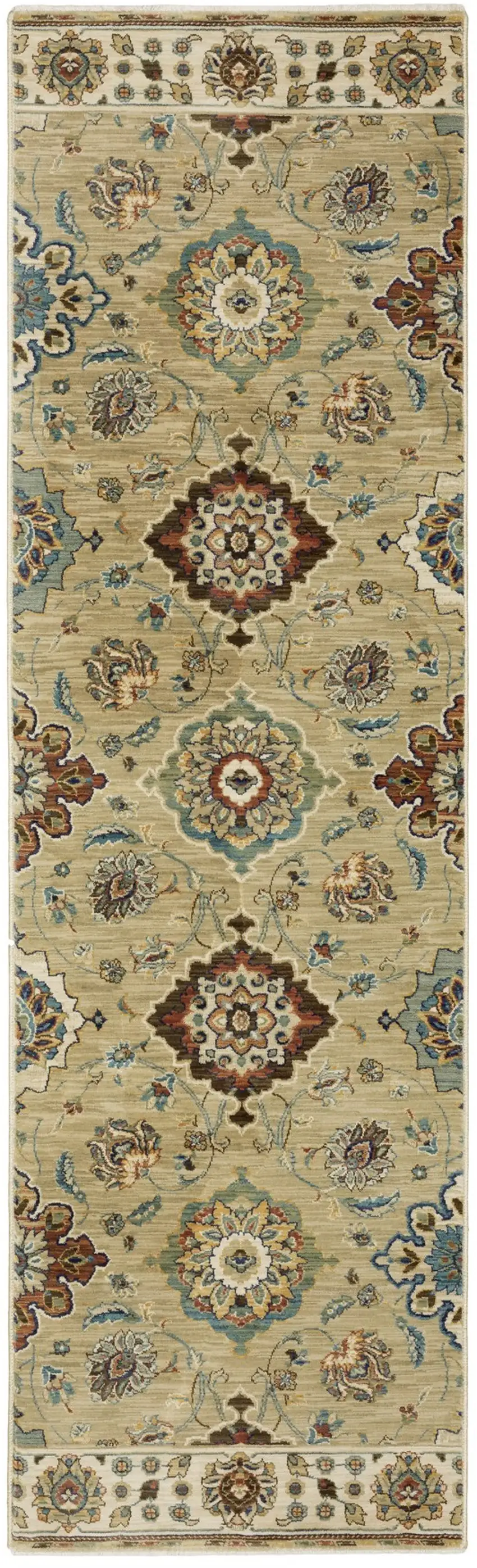 8' Tan Blue And Brown Floral Runner Rug With Fringe Photo 2