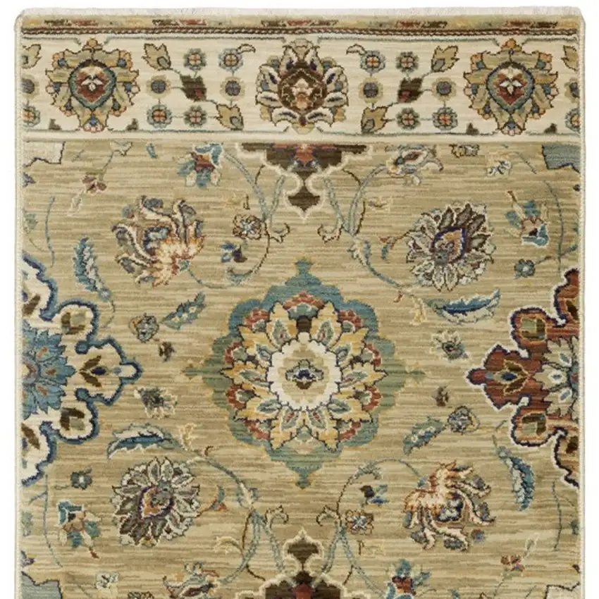 8' Tan Blue And Brown Floral Runner Rug With Fringe Photo 4