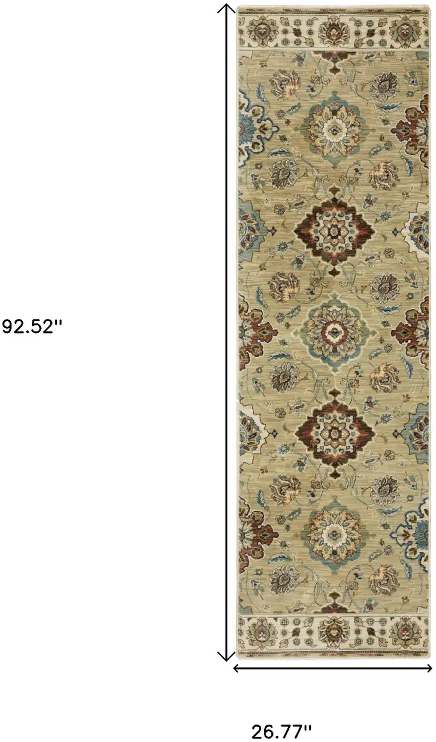 8' Tan Blue And Brown Floral Runner Rug With Fringe Photo 3