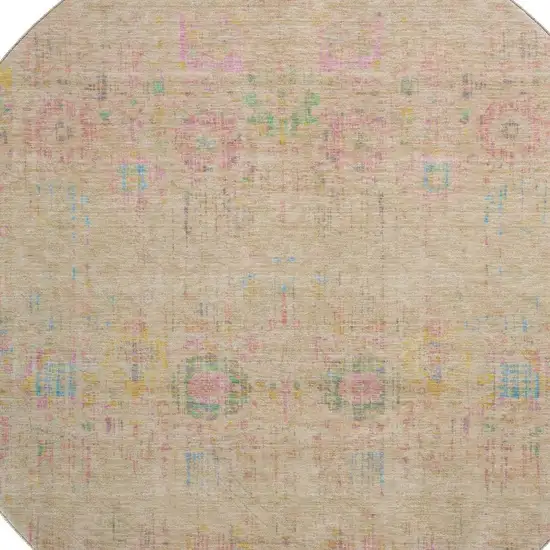 8' Tan Blue And Green Oriental Washable Round Rug With UV Protection Photo 2