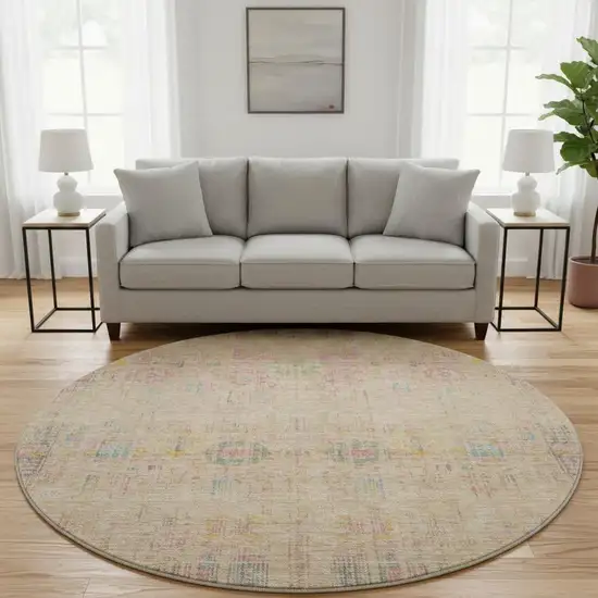 8' Tan Blue And Green Oriental Washable Round Rug With UV Protection Photo 2