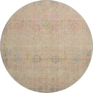 Photo of 8' Tan Blue And Green Oriental Washable Round Rug With UV Protection