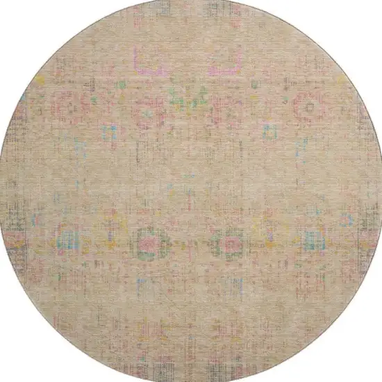 8' Tan Blue And Green Oriental Washable Round Rug With UV Protection Photo 3