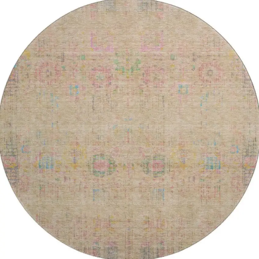 8' Tan Blue And Green Oriental Washable Round Rug With UV Protection Photo 3