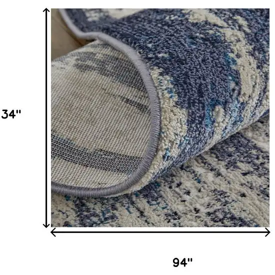 8' Tan Blue And Ivory Abstract Power Loom Distressed Runner Rug Photo 8