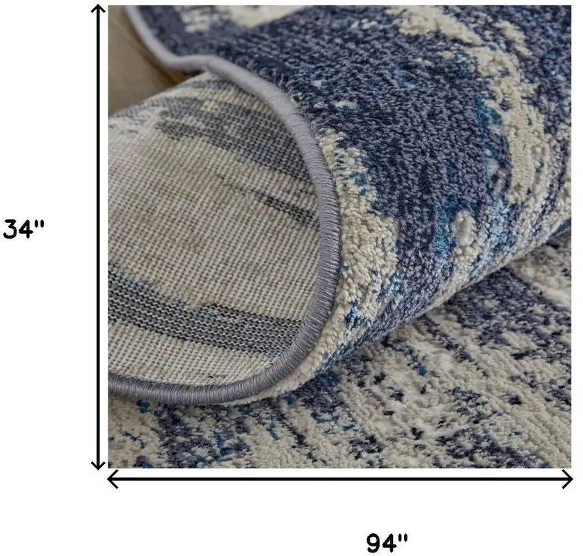 8' Tan Blue And Ivory Abstract Power Loom Distressed Runner Rug Photo 8