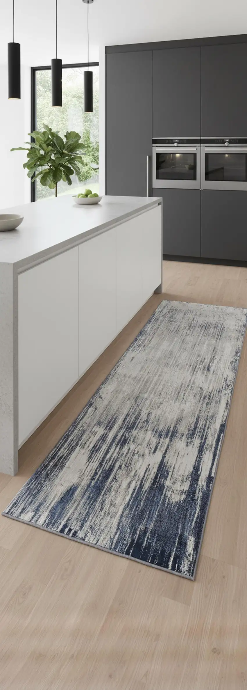 8' Tan Blue And Ivory Abstract Power Loom Distressed Runner Rug Photo 1